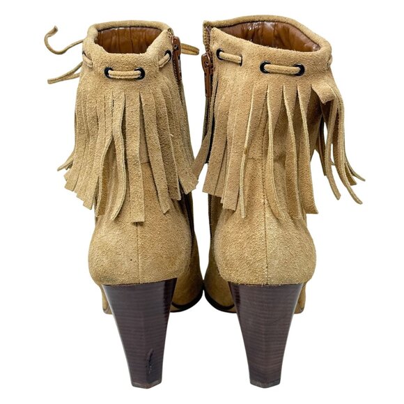 Nine West Fringe Suede Ankle Boots 9M Camel Tan Pointed Western Toe High Heel - Picture 4 of 10
